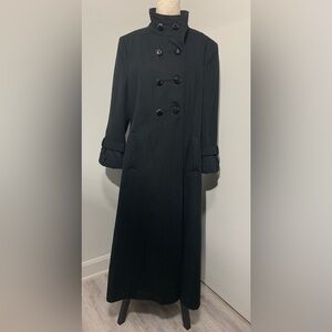 Long Black Wool Blend Double Breasted, Full Length, High Neck Coat